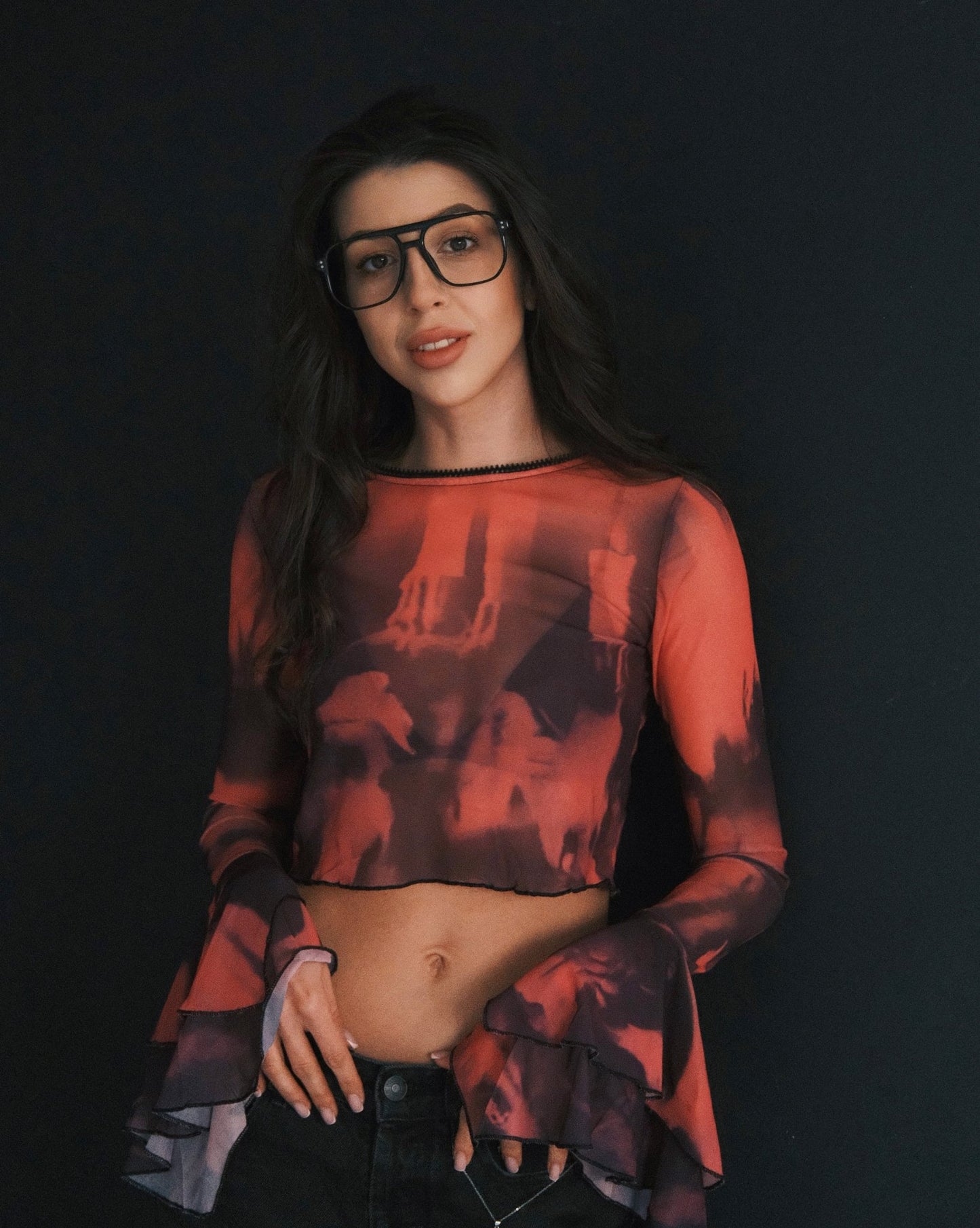 Blouses Кроп‑топ Mesh Inferno, прозорий tie‑dye червоно‑чорний, розкльошені рукави, S‑M Pink - Tsupkyi (Цупкий) Taton.shop