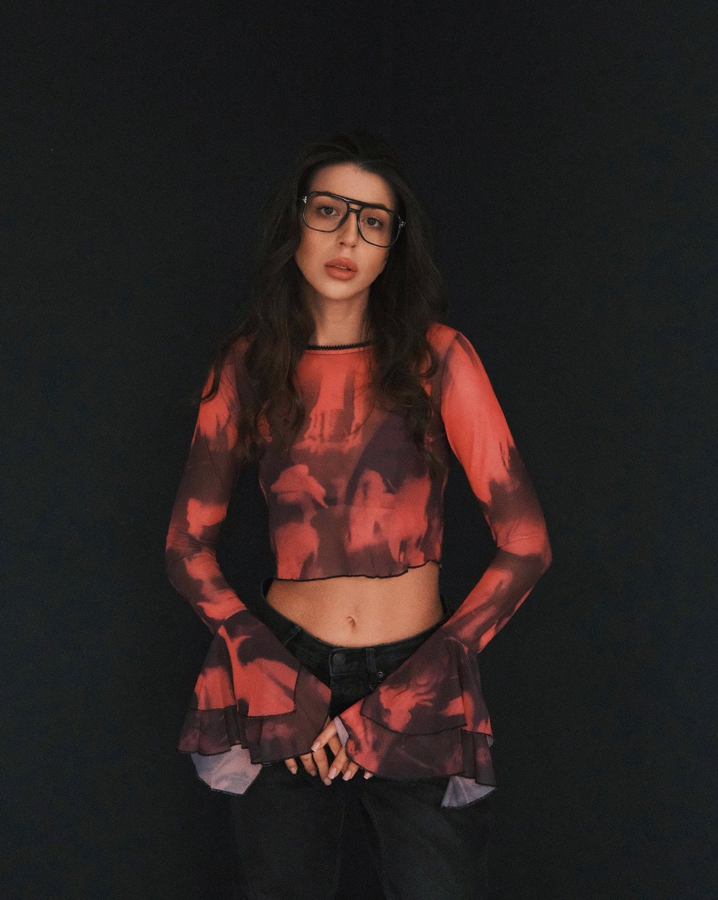 Blouses Кроп‑топ Mesh Inferno, прозорий tie‑dye червоно‑чорний, розкльошені рукави, S‑M Pink - Tsupkyi (Цупкий) Taton.shop
