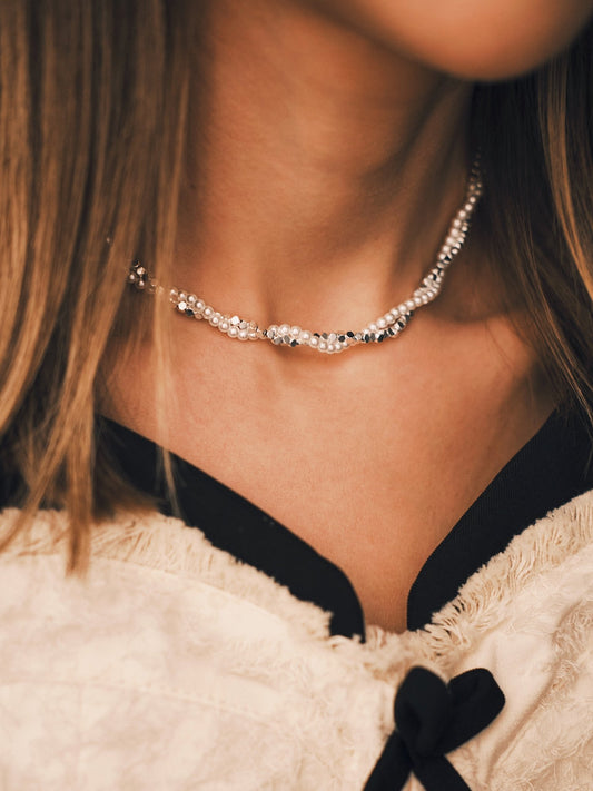 Підвіска Двошарове переплетене кольє - чокер з перлинами, посріблене - ретро мінімалізм - Kashimir.me Taton.shop