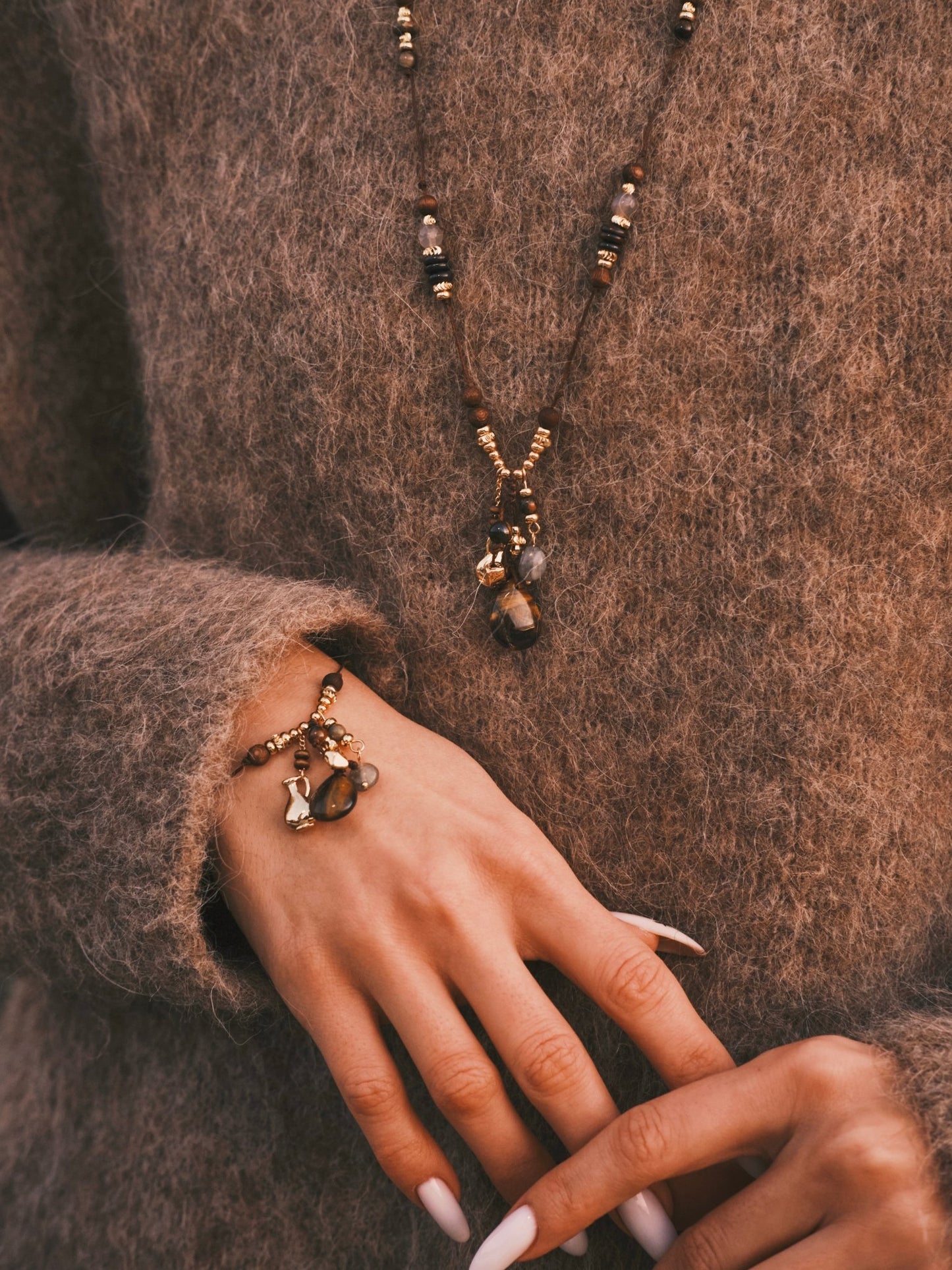 Підвіска Кольє «Антична муза» — довге до 70,5 см, тигрове око + агат, латунь ✨ - Kashimir.me Taton.shop