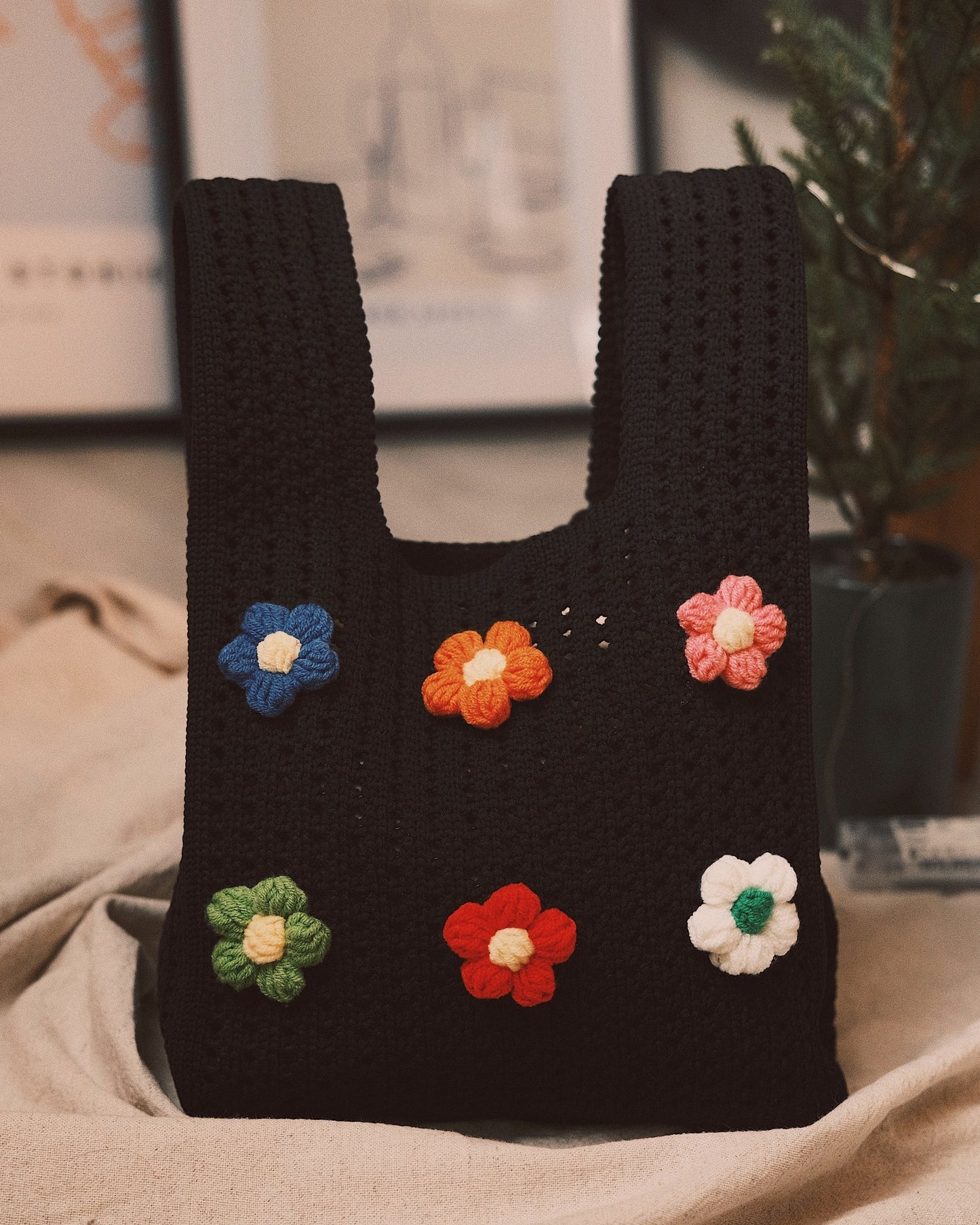 Bags Стильний в’язаний шопер із квітковим декором 🌸 Black - Kashket.me Taton.shop
