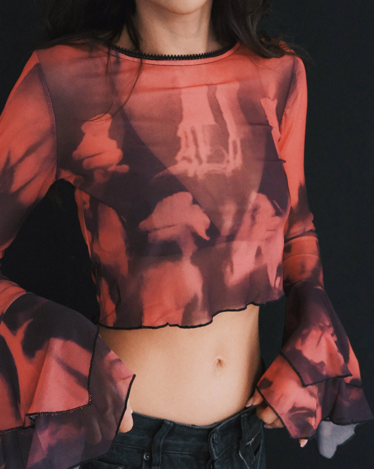 Blouses Кроп‑топ Mesh Inferno, прозорий tie‑dye червоно‑чорний, розкльошені рукави, S‑M Pink - Tsupkyi (Цупкий) Taton.shop