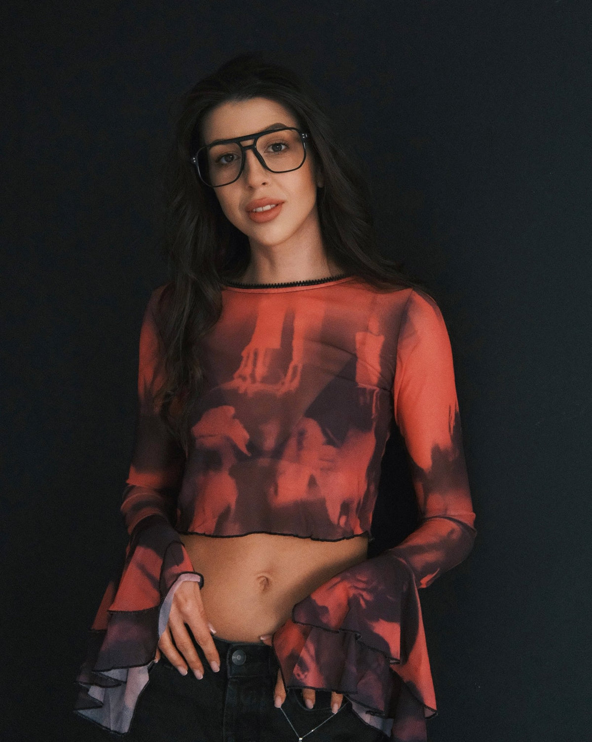 Blouses Кроп‑топ Mesh Inferno, прозорий tie‑dye червоно‑чорний, розкльошені рукави, S‑M Pink - Tsupkyi (Цупкий) Taton.shop