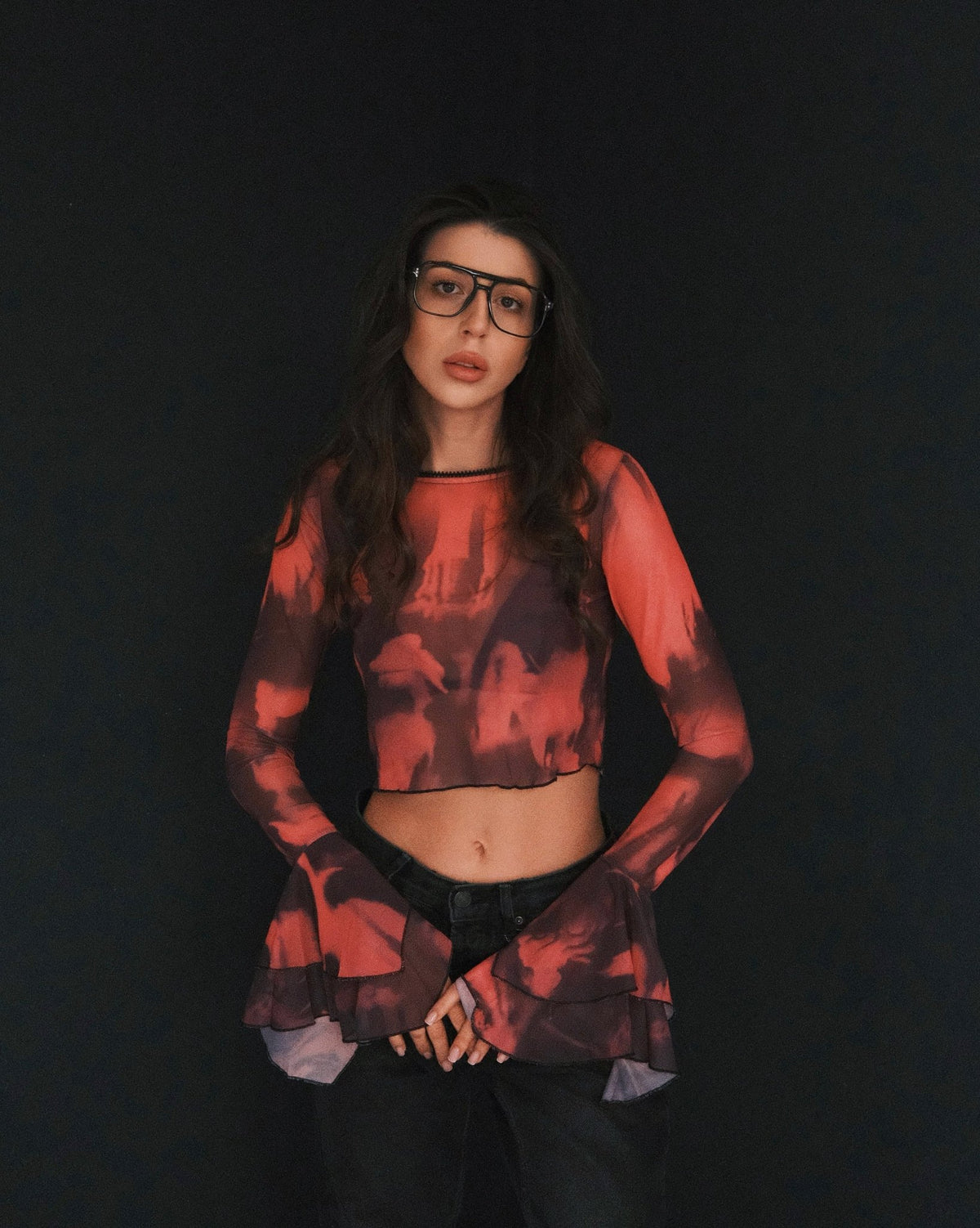 Blouses Кроп‑топ Mesh Inferno, прозорий tie‑dye червоно‑чорний, розкльошені рукави, S‑M Pink - Tsupkyi (Цупкий) Taton.shop