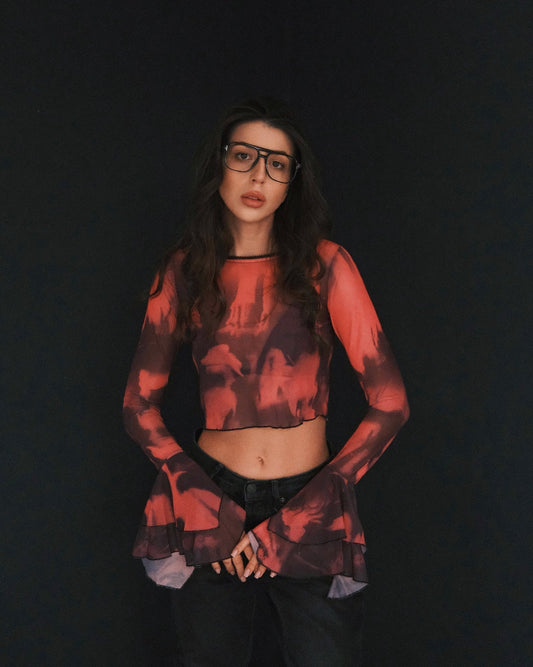 Blouses Кроп‑топ Mesh Inferno, прозорий tie‑dye червоно‑чорний, розкльошені рукави, S‑M Pink - Tsupkyi (Цупкий) Taton.shop
