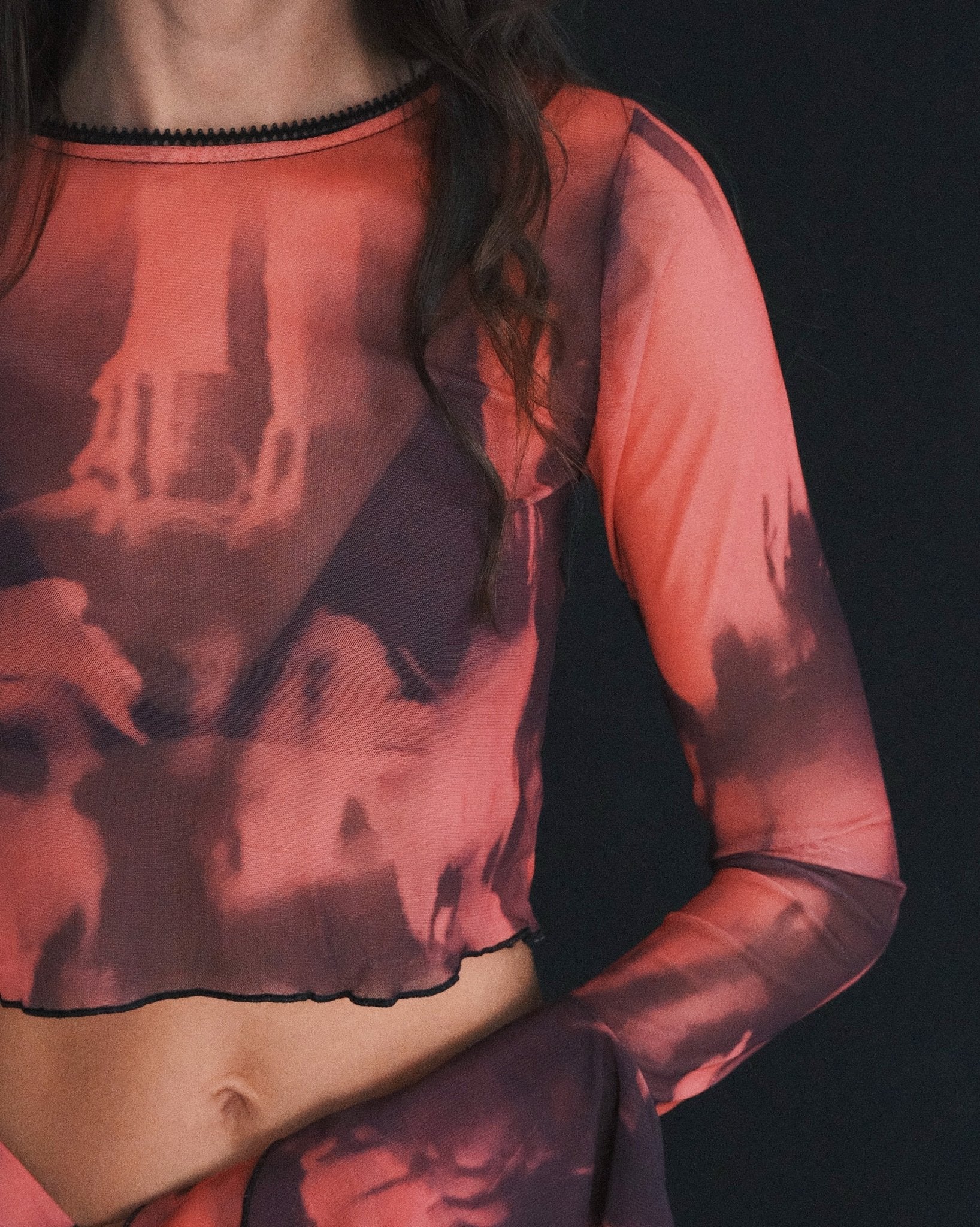 Blouses Кроп‑топ Mesh Inferno, прозорий tie‑dye червоно‑чорний, розкльошені рукави, S‑M Pink - Tsupkyi (Цупкий) Taton.shop