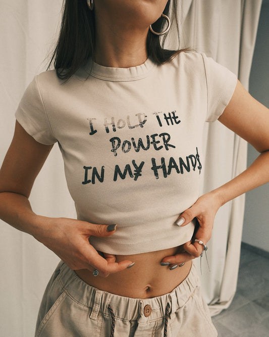 Tops “I HOLD THE POWER IN MY HANDS” – стильний вінтажний топ для впевнених дівчат S Beige - Tsupkyi (Цупкий) Taton.shop