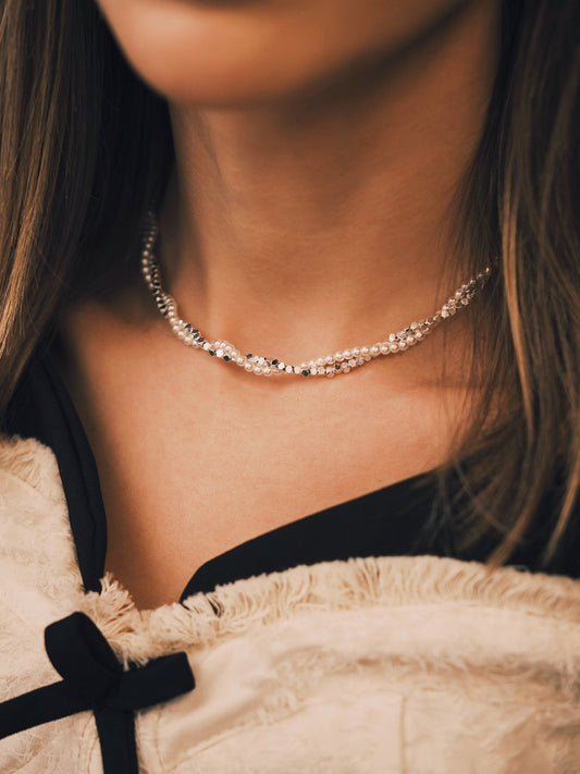 Підвіска Двошарове переплетене кольє - чокер з перлинами, посріблене - ретро мінімалізм - Kashimir.me Taton.shop