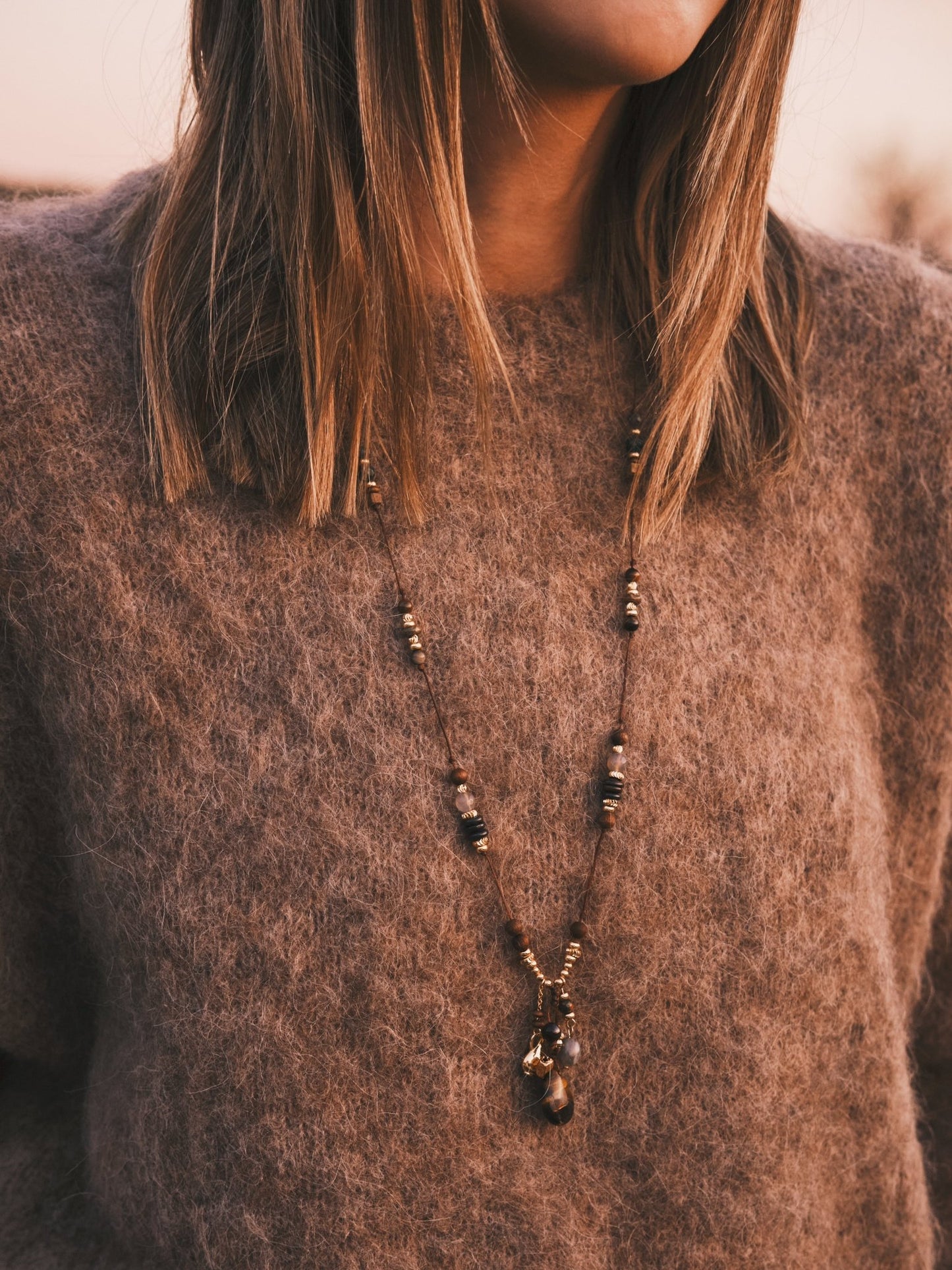 Підвіска Кольє «Антична муза» — довге до 70,5 см, тигрове око + агат, латунь ✨ - Kashimir.me Taton.shop