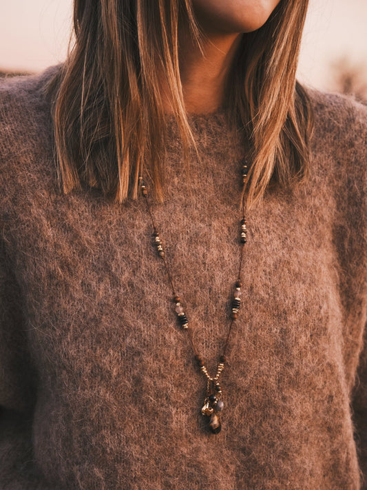 Підвіска Кольє «Антична муза» — довге до 70,5 см, тигрове око + агат, латунь ✨ - Kashimir.me Taton.shop