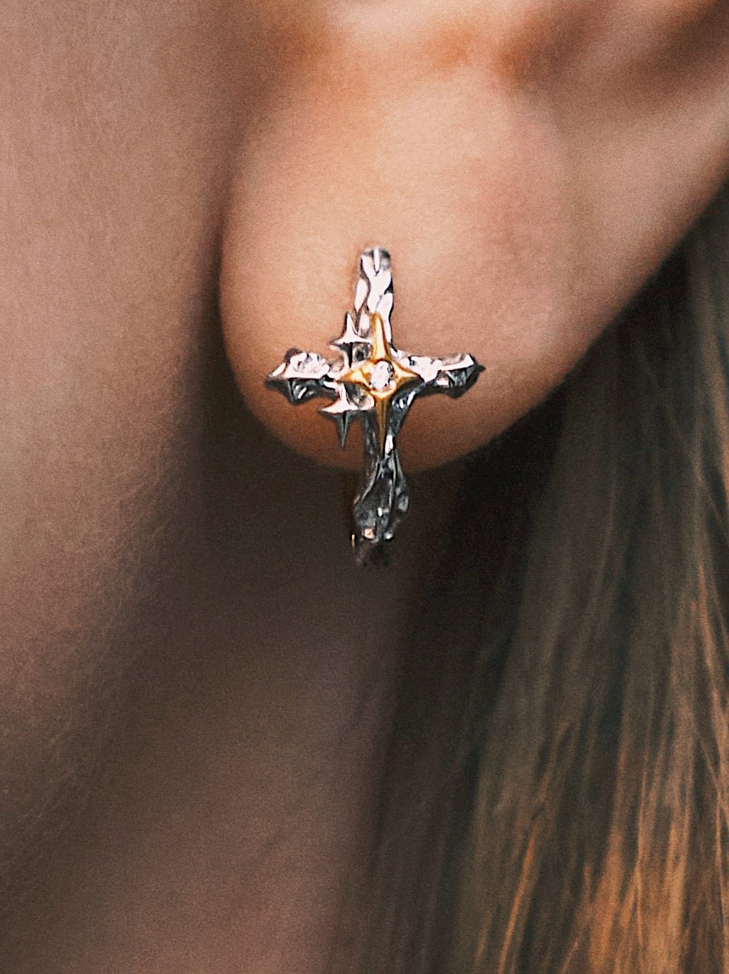 Сережки Сережки - кільця «Зоряний Хрест» — срібло S925, позолота 18К, камінчик - Kashimir.me Taton.shop