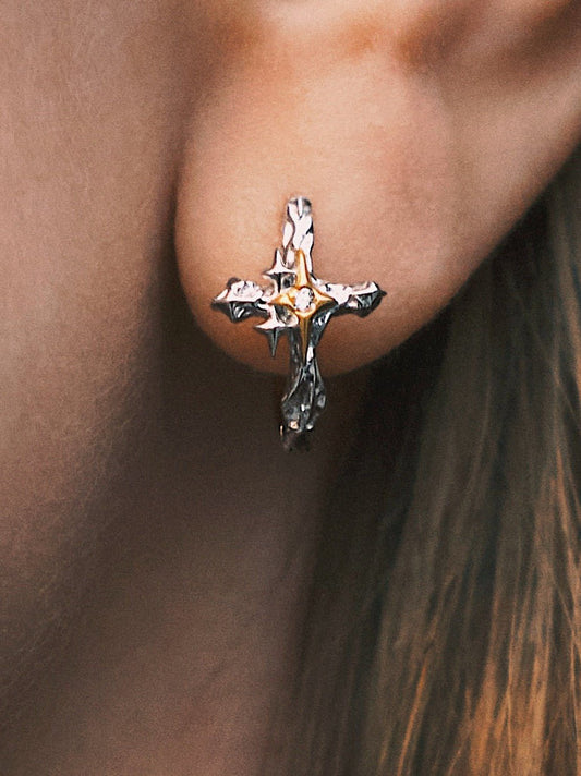 Сережки Сережки - кільця «Зоряний Хрест» — срібло S925, позолота 18К, камінчик - Kashimir.me Taton.shop